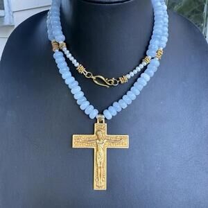 Art Deco French Gilded Crucifix. Aquamarine Freshwater Pearl Necklace.